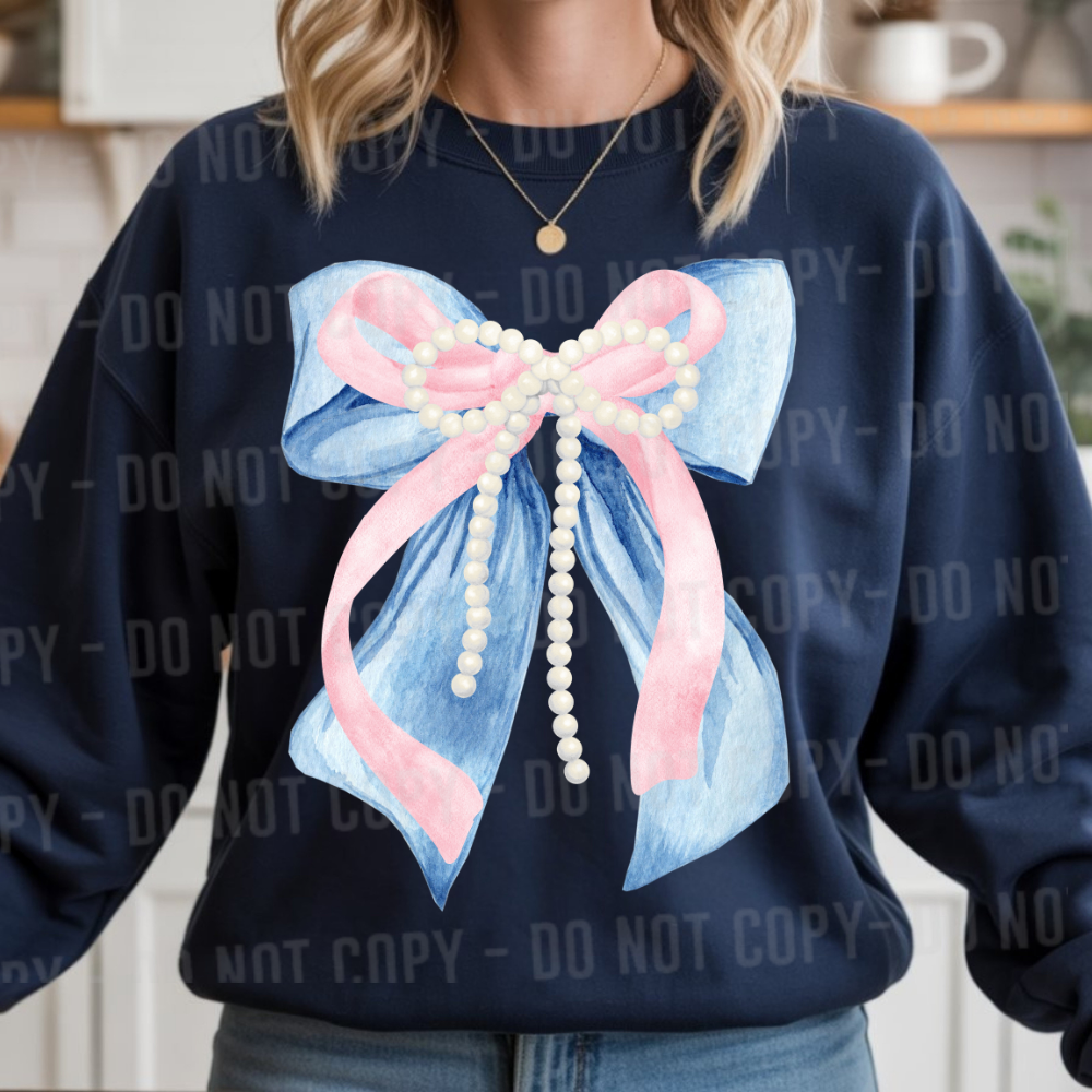 Pink and blue bow pearls DTF Transfer Design