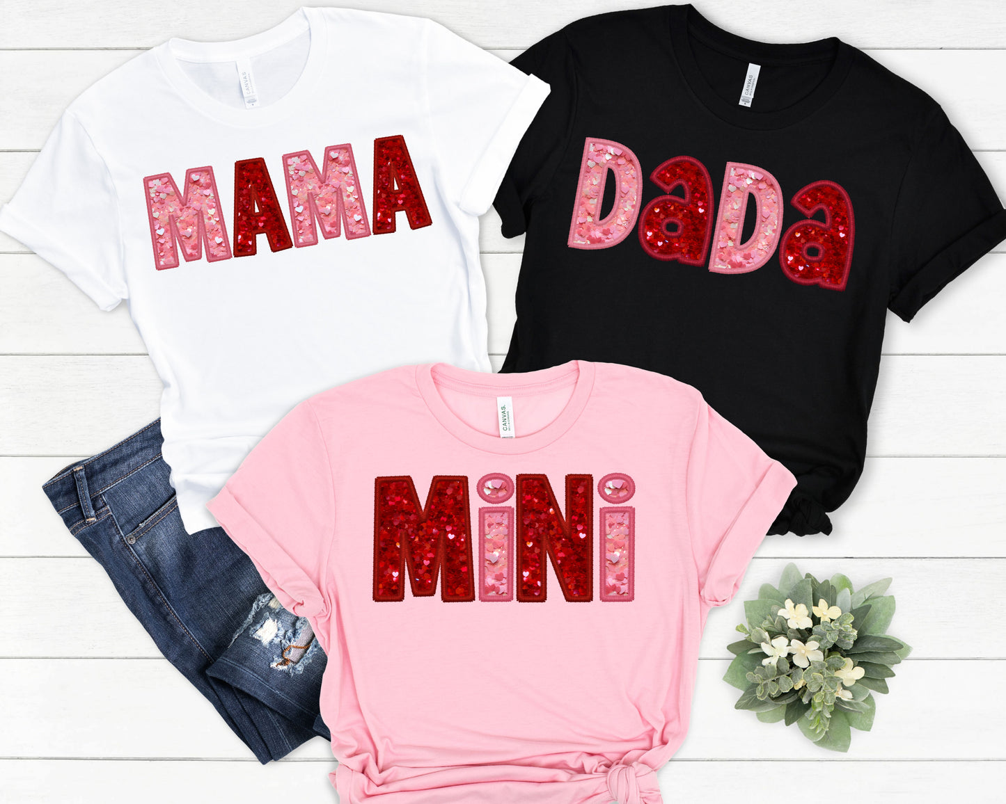 Mama Dada and Mini Heart Sequins Faux Embroidery DTF Transfer Design ozan