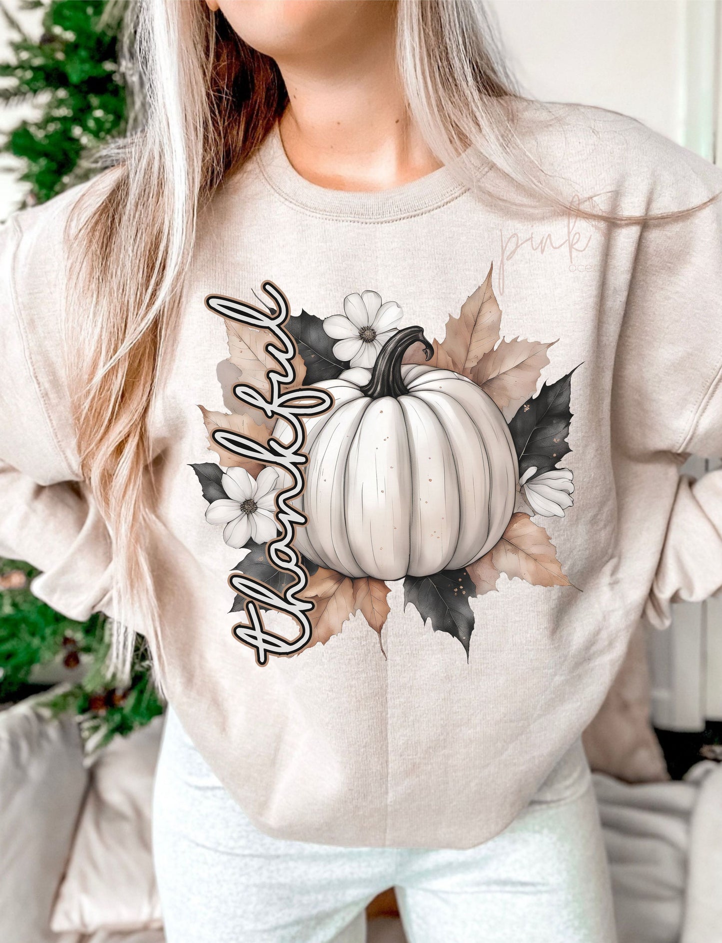 Thankful pumpkin with leaves and flowers DTF Transfer Design