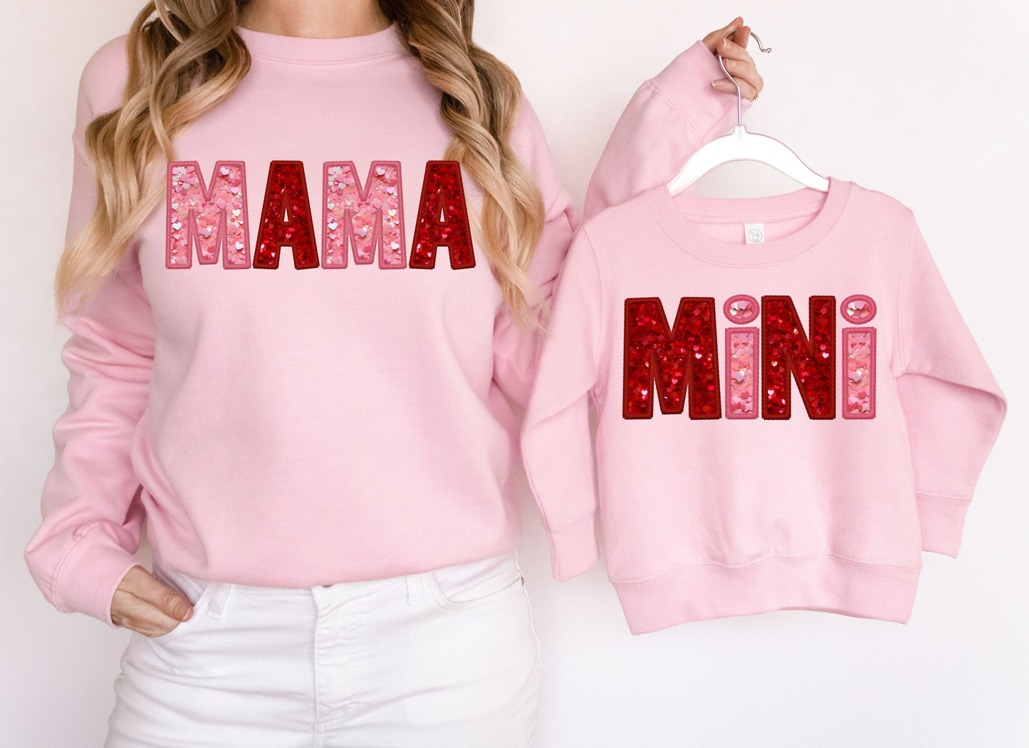 Mama Dada and Mini Heart Sequins Faux Embroidery DTF Transfer Design ozan