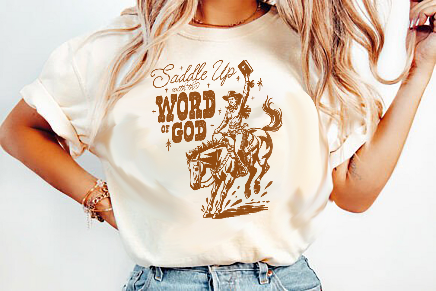 saddle up with the word  of God brown  DTF Transfer Design