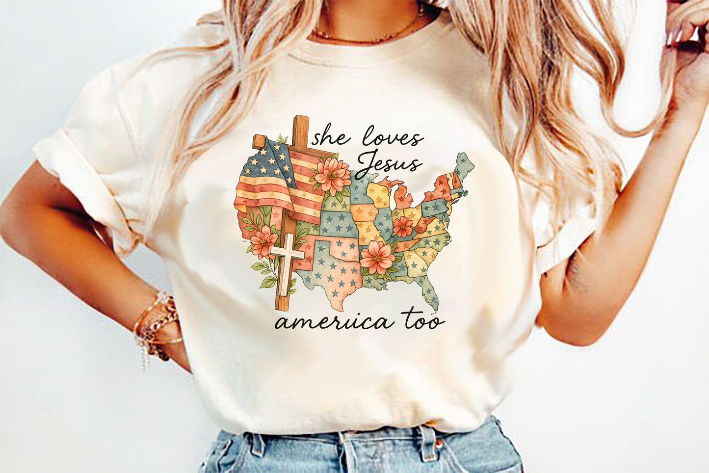 she love jesus america too cross flag flowers DTF Transfer Design