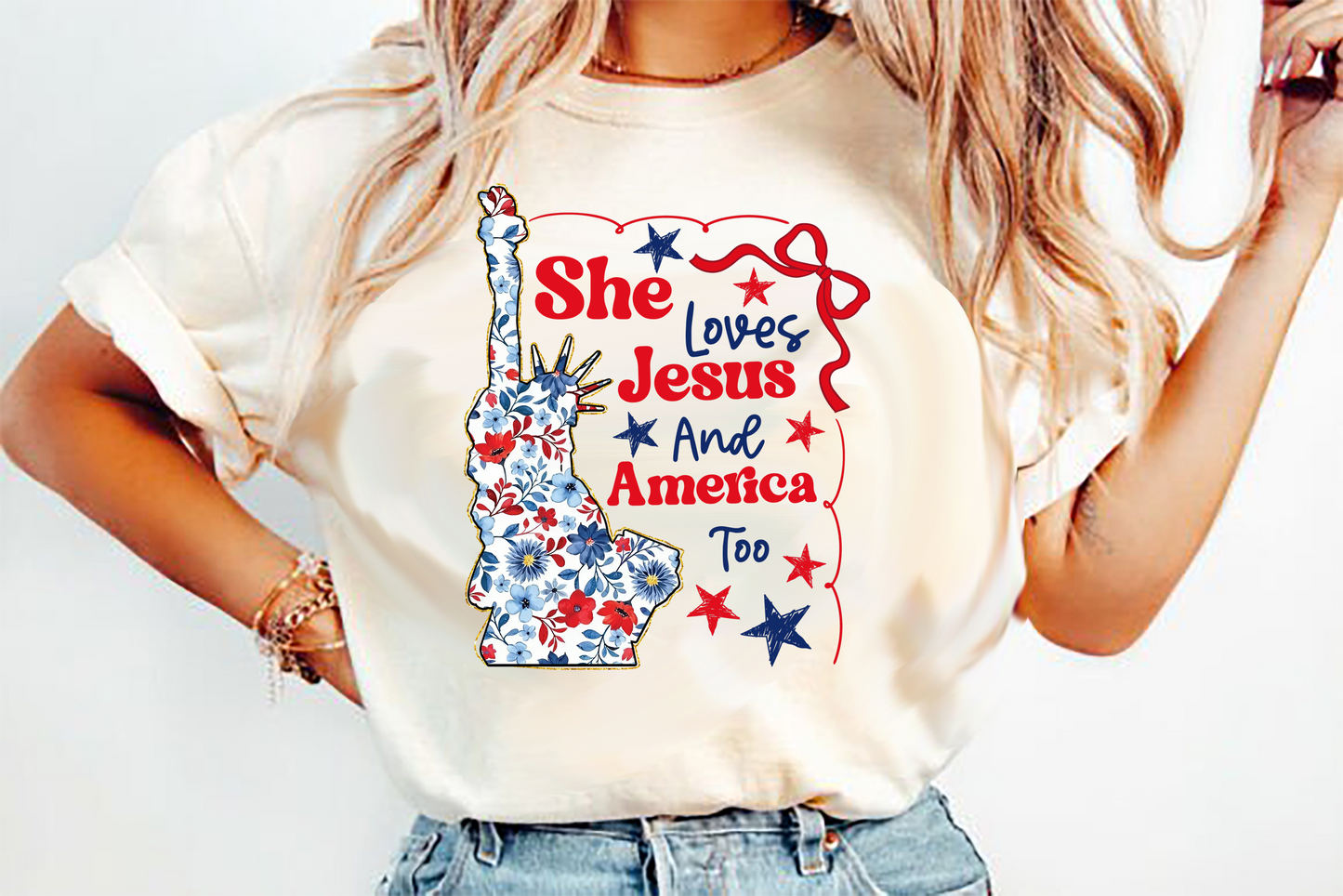 she loves jesus and America too statue of liberty   DTF Transfer Design
