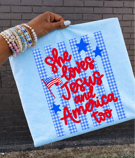 She loves Jesus and America too red or blue gingham DTF Transfer design