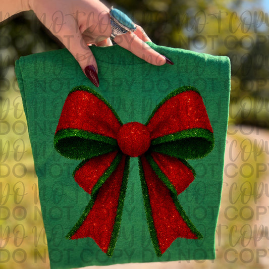 Tinsel Red and Green Christmas Bow DTF Transfer Design SS