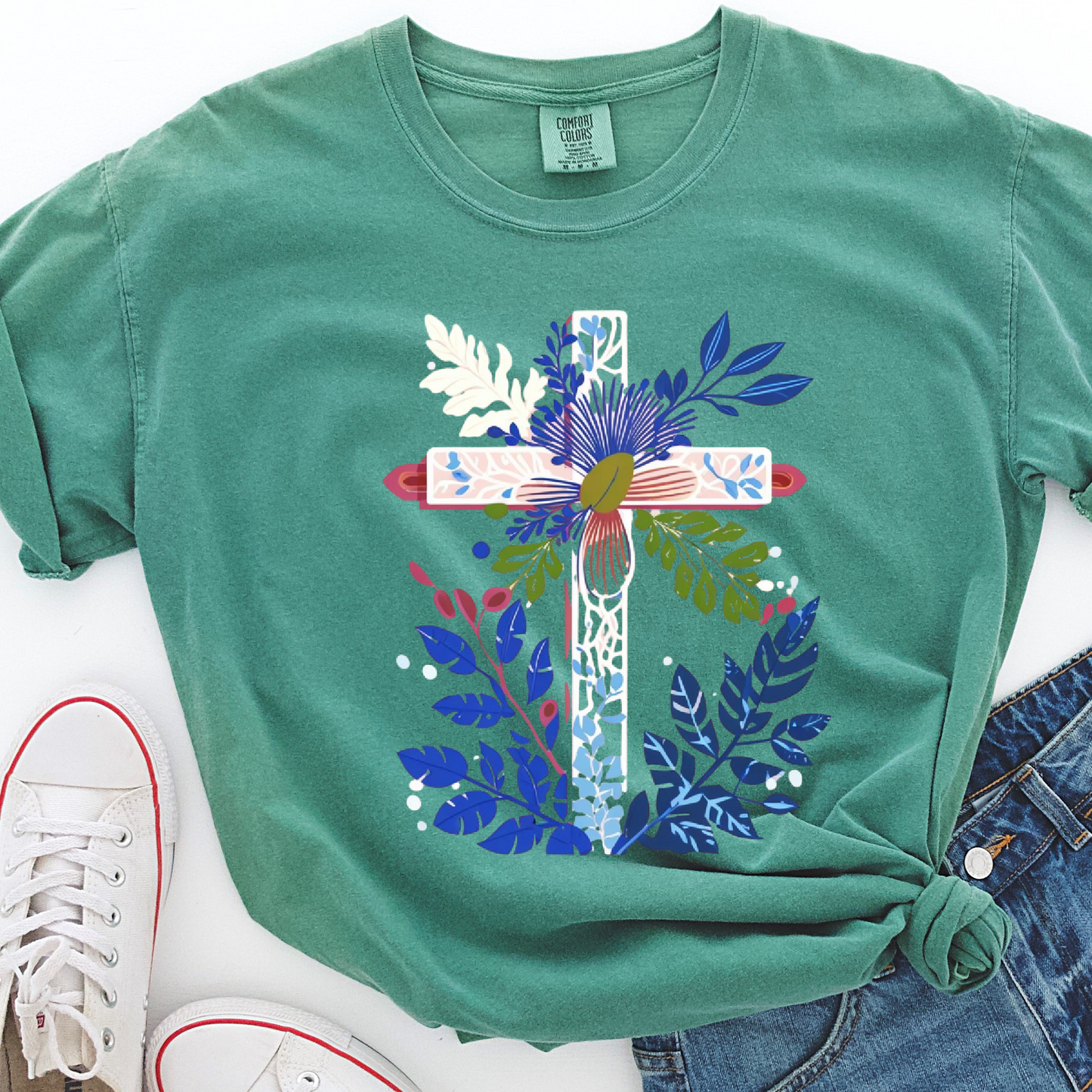 White Cross blue flowers DTF Transfer Design