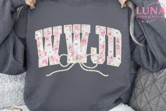 WWJD faux pearls Floral with Bow DTF Transfer Design