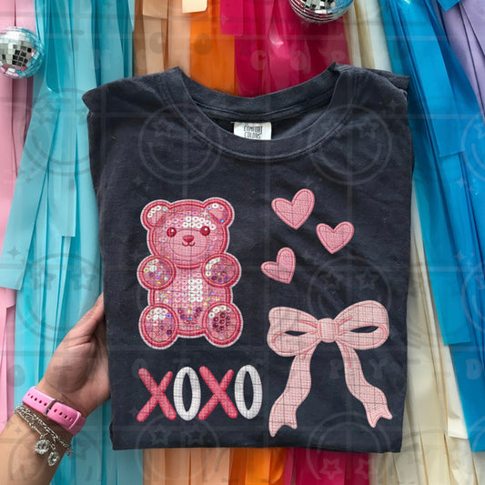 XOXO, pink gummy bear and bow collage DTF Transfer Design