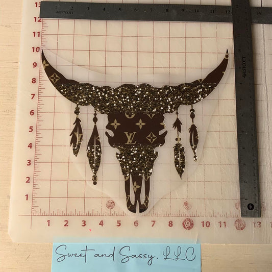 LV Glitter Bull Skull with Feathers DTF Transfer Design