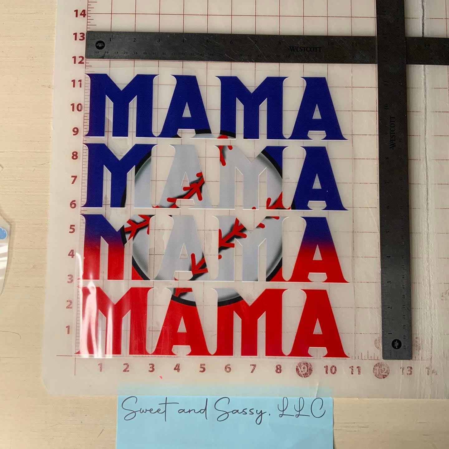 "MAMA MAMA" Blue & Red Baseball DTF Transfer Design