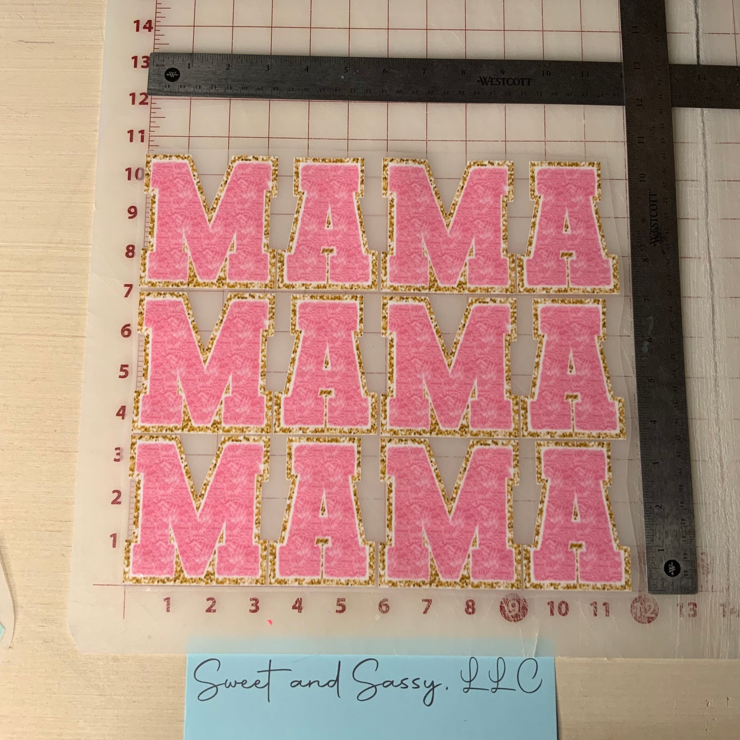 "MAMA MAMA MAMA" Pink Gold Trim Heart DTF Transfer Design