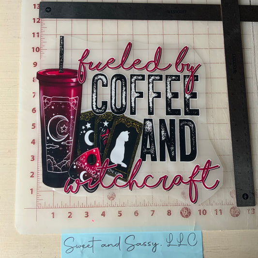"Fueled by Coffee and Witchcraft" DTF Transfer Design